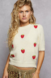 POL Round Neck Strawberry Patch Sweater with Shirring Shoulder OutfitFlow